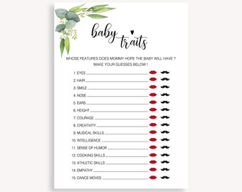 Instant Download Baby Trait Game, Printable Greenery Baby Shower Game, Gender Neutral Shower, Baby Traits, Guess The Baby Features, 20 FM