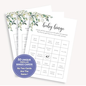 50 voorgevulde babybingokaarten, 50 unieke bingokaarten, babyshowerbingospel, voorgevulde babybingospelkaarten, babycadeaubingo, 50 FM