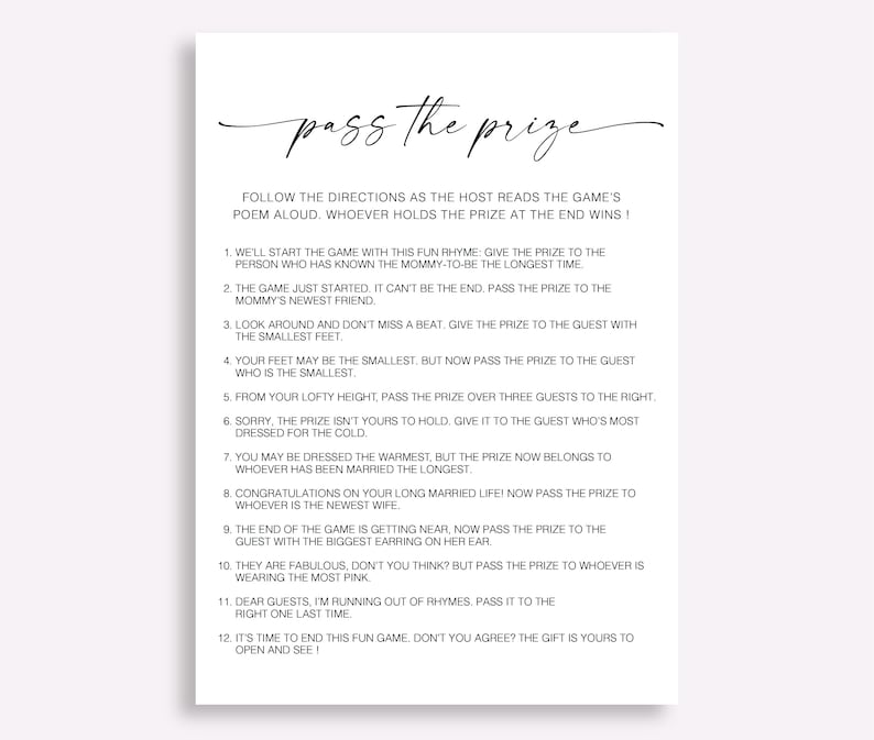 Pass the Prize Baby Shower Game Minimalist Pass the Poem - Etsy