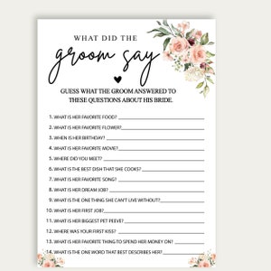 What Did The Groom Say Bridal Game, Wedding Game, Bridal Trivia Shower Game, What Did The Groom Say Bridal Shower Game, Modern Shower, 230