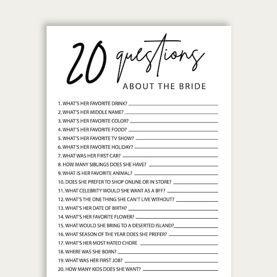 20 Questions Bridal Shower Game 