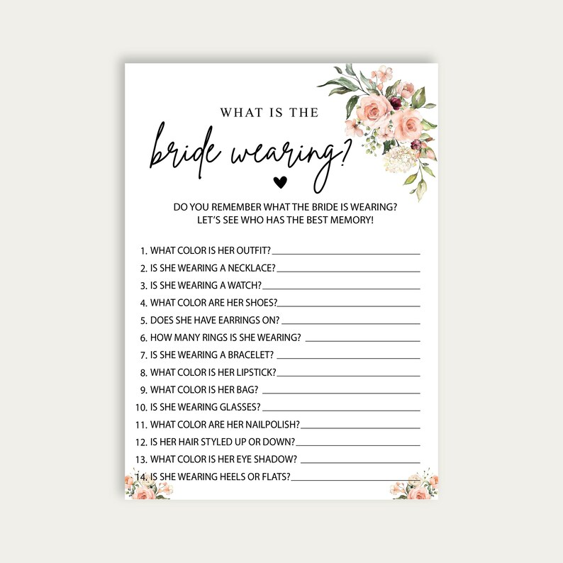 What Color is Bride Wearing Wedding Shower Game Instant - Etsy