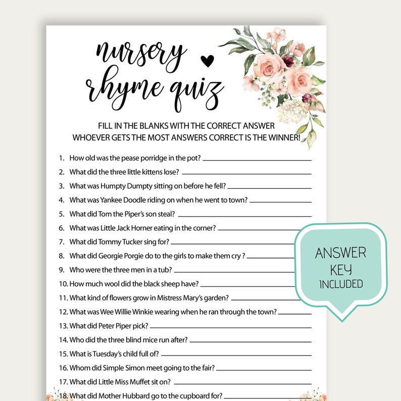 Nursery Rhyme Quiz Baby Shower Games Printable Nursery Rhyme Etsy