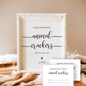 Signe et billets Devinez combien de biscuits dans le bocal, Jeu et signe de baby shower, Modèle modifiable de signe de craquelins animaux, YS BM 218