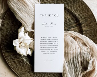 Modern Script Wedding Thank You Card, Place Setting Thank You Template, Modern Thank You Letter, Editable Wedding Menu Thank You, TY KA 05