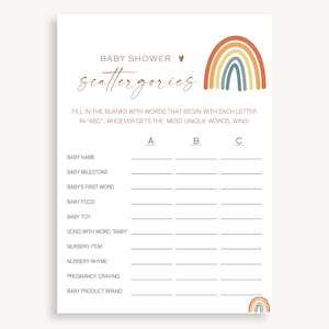 Juego Scattergories minimalista para baby shower, tarjeta de juego Scattergories instantánea, juego Scattergories para bebés, juego de baby shower de género neutro, 70 FA