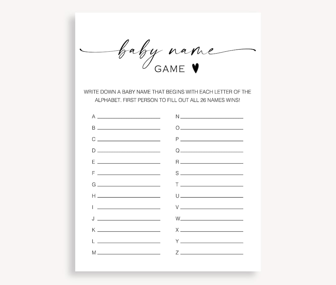 Baby Name Alphabet Game, Printable Baby A to Z Name Game, Gender
