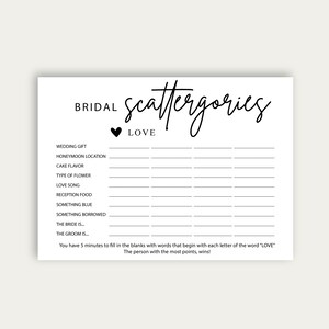 Digital Wedding Scattergories Game, Bridal Shower Scattergories Game, Scattergories Game Card, Printable Digital Bridal Shower Game, 216