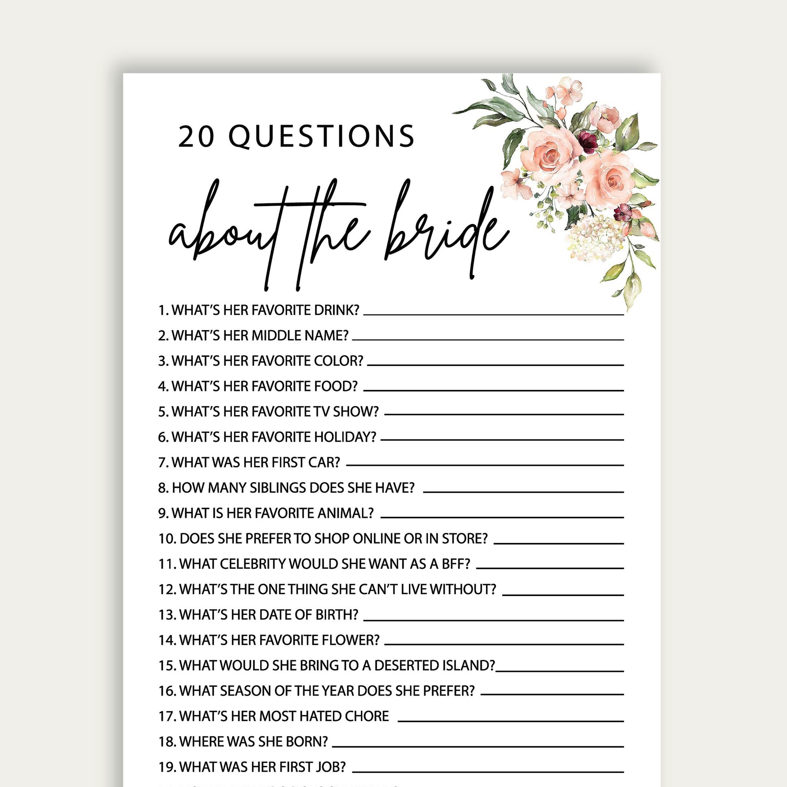 20 Questions About the Bride Funny Bridal Shower Game Printable