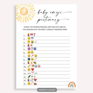 Cartes soleil baby shower Emoji Pictionary, jeu d'images Emoji minimaliste, jeu d'emoji baby shower instantané, jeu de baby shower moderne, 60 FA