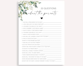 Veinte preguntas sobre el juego de baby shower de los padres, quién conoce mejor a los padres, qué tan bien conoces a los padres, juego de preguntas y respuestas para baby shower, 50 preguntas y respuestas
