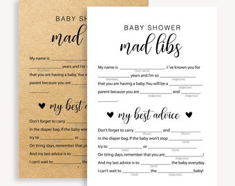 Pode incluir: Um jogo de chá de bebê para imprimir com o título "Mad Libs". O jogo inclui frases para completar sobre um novo bebê e conselhos para os novos pais.