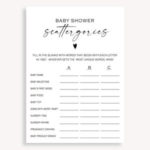 Minimalistische Scattergories-babyshowerspel, Scattergories-gamekaart, Scattergories-babyshower, Scattergories digitaal babyshowerspel, 10 FA