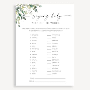Juego de decir Bebé alrededor del mundo, juegos de baby shower, juego de trivia para fiestas de bebés, divertido juego de traducción para bebés, bebé en diferentes idiomas, 50 FA