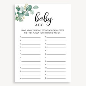 Baby Item ABC Game, Printable Alphabet Race Game, Gender Neutral Baby Shower Game, Green Floral Baby Shower Game, Baby Alphabet Game, 20 FM