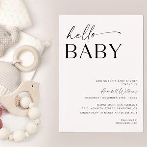 Modern Baby Shower Invitation, Minimalist Hello Baby Shower, Hello Baby Shower Invitation, Boy Girl Gender Neutral Invite Template, YD KA 12