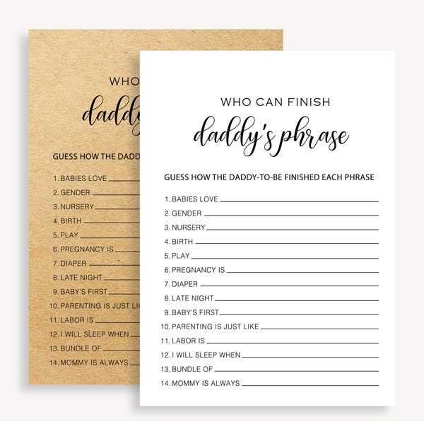 Who Can Finish Daddy's Phrase, Baby Shower Nursery Game, Kraft Rustic Baby Shower Game, Finish Daddy's Phrase Game, Funny Baby Shower, 10 FM