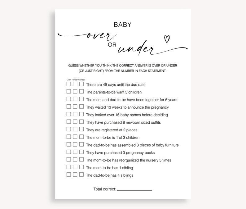 Over or Under Baby Shower Game, Modern Baby Shower, Printable ...