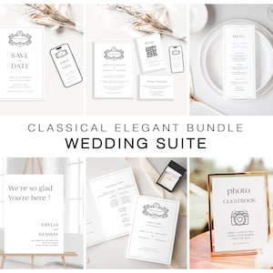 May include: A wedding suite in a classic elegant style. The suite includes a save the date card, RSVP card, wedding invitation, wedding programme, welcome sign, and a photo guestbook. The suite features a black and white floral design with a monogram.