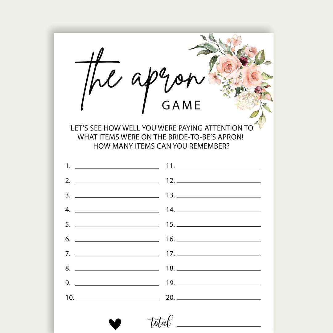 The Apron Game, Bridal Shower Apron Memory Game, Ready to Print the ...