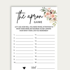 The Apron Game, Bridal Shower Apron Memory Game, Ready To Print The Apron Game, Apron Memory Game, Printable Bridal Shower Game, DIY, 230