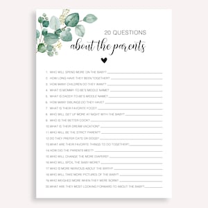 May include: A printable baby shower game with 20 questions about the parents. The questions are written in black text on a white background with a green floral design at the top.