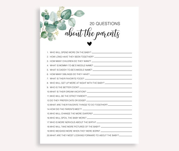 20 Questions About The Parents, Baby Sprinkle Game, How Well Do You Know The Parents Game Activity, Editable Shower Game Template, 20 FM E R