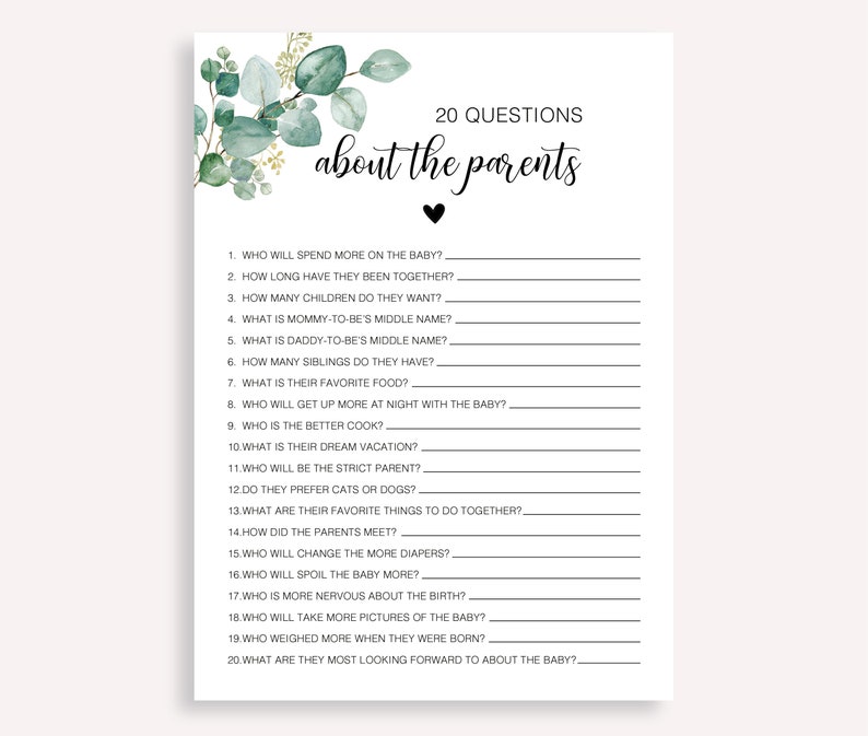 May include: A printable baby shower game with 20 questions about the parents. The questions are written in black text on a white background with a green floral design at the top.