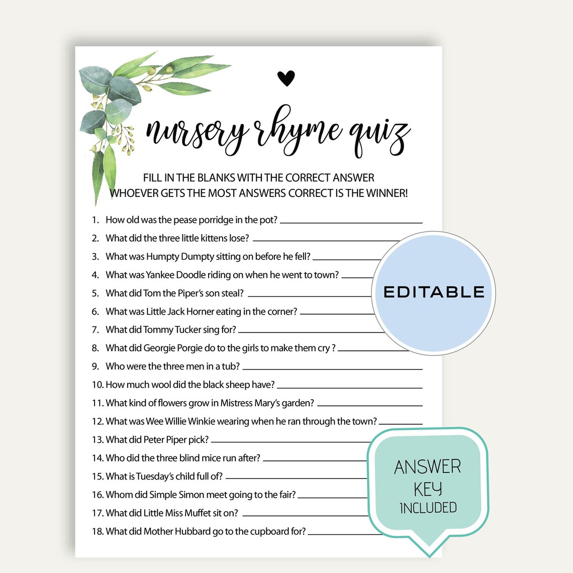Printable Nursery Rhyme Game Instant Download Game Nursery - Etsy