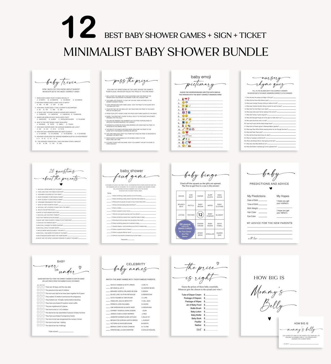 Minimalist Baby Shower Game Bundle, Gender Neutral Baby Shower Games