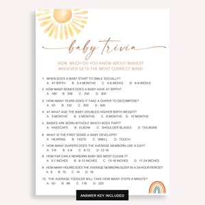 Baby Trivia Shower Game, Baby Shower Party, Modern Gender Neutral Game, Minimalist Trivia Baby Shower Game, Sunshine Baby Shower Game, 60 FA