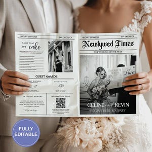 May include: A wedding newspaper with the headline "Newlywed Times" and the names "Celine and Kevin." The newspaper includes sections for guest awards, a honeymoon fund, and a "Name That Cake" game. The words "Fully Editable" are in a circle.