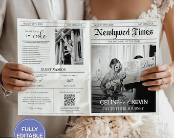 Wedding Newspaper Template With Photo, Editable Newlywed Times, Folded Printable Wedding Newspaper, Digital Newspaper Itinenary,  NV 101a