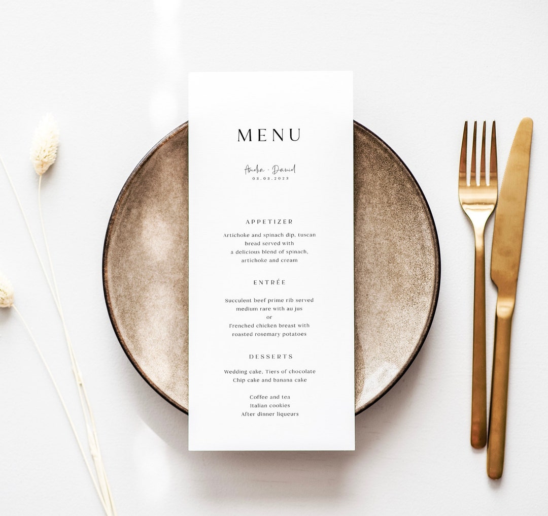 Modern Script Wedding Dinner Menu, Reception Dinner Menu, Printable ...