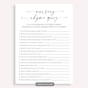 Jeu de baby shower comptine, jeu-questionnaire minimaliste pour baby shower, quiz bohème sur une comptine, carte d'activité instantanée pour baby shower, 10 FA