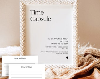 May include: White wooden frame with a sign that reads "Time Capsule" and instructions to be opened when William turns 18 in 20XX.  There are two blank cards with the words "Dear William" at the top.