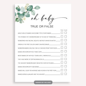 Juego Oh Baby True Or False, idea imprimible para baby shower, juegos minimalistas de verdadero o falso para baby shower, tarjetas de juego para baby shower de género neutro, 40 FA