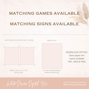 May include: Printable matching game and sign templates. The image shows two printable templates with trim marks for easy cutting. The text "Print multiples per page" and "Single file" are visible.
