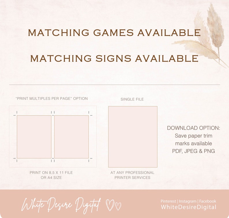May include: Printable matching game and sign templates. The image shows two printable templates with trim marks for easy cutting. The text "Print multiples per page" and "Single file" are visible.