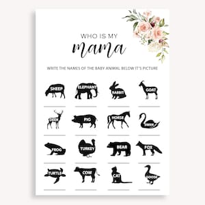 Actividades del juego para baby shower ¿Quién es mi mamá?, Tarjeta de juego para baby shower ¿Quién es mi mamá?, Descarga instantánea, Juego para baby shower ¿Quién es mi mamá?, 30 FM