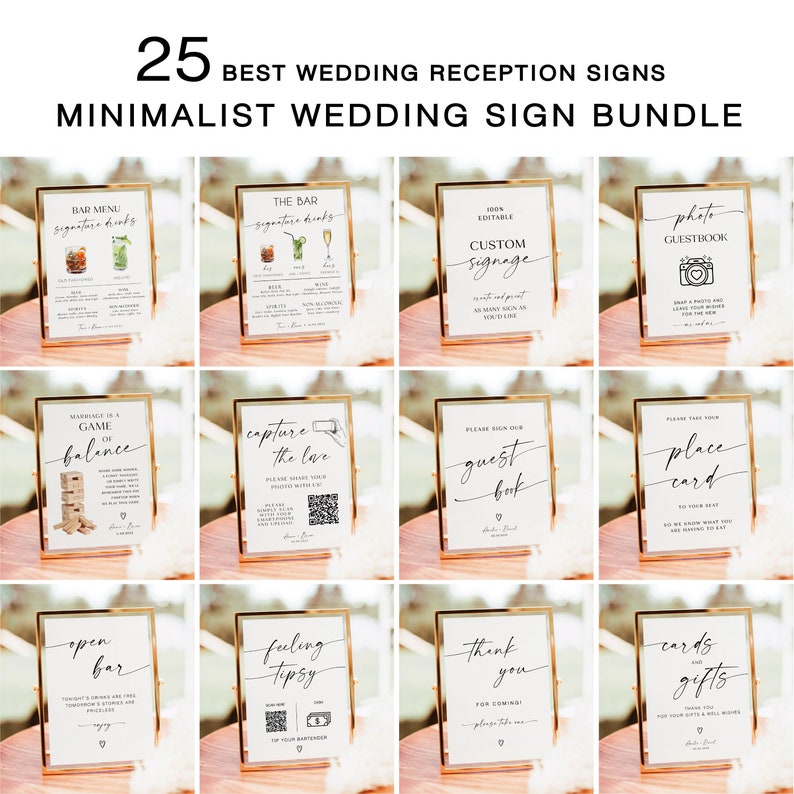May include: A set of 25 printable wedding reception signs in a minimalist style. The signs are in gold frames and feature black calligraphy text. The signs include "Bar Menu", "The Bar", "Custom Signage", "Photo Guestbook", "Marriage is a Game of Balance", "Capture the Love", "Guest Book", "Place Card", "Open Bar", "Feeling Tipsy", "Thank You", and "Cards & Gifts".