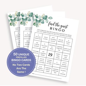 50 Einzigartige Vorausgefüllte Finde Den Gast Bingo Karten, Minimalistisch 50 Brautdusche Bingo Karten, Vorgefüllte Finde Den Gast Braut Bingo Spiel, 40 ZM