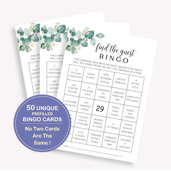 50 Unique Prefilled Find The Guest Bingo Cards, Minimalist 50 Bridal Shower Bingo Cards, Pre-Filled Find The Guest Bridal Bingo Game, 40 ZM