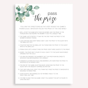 Pass The Prize-spel, afdrukbare babyshowergames, Pass The Prize Rhyme Game Greenery, kaarten met babyshowergames, Boho Lives, cadeaugedicht, 20 FM