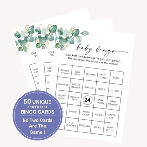 50 unieke bingokaarten, bingospel babyshower, 50 vooraf ingevulde bingokaarten babyshower, vooraf gevulde babybingospelkaarten, bingo babycadeau, 40 FA