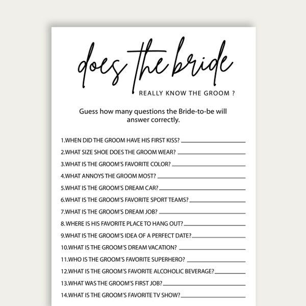 How Well Does The Bride Know The Groom Bridal Shower Game, Bridal Shower Games, Instant Download Bridal Shower Game, Printable Shower, 216