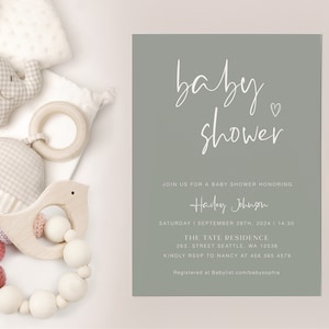 May include: A sage green baby shower invitation with white text. The text reads "baby shower" with a small heart symbol. The invitation also includes the name "Hailey Johnson", the date "September 28th, 2024", the time "14:30", the location "The Tate Residence", the address "263. Street Seattle, WA 12536", and the RSVP information "Kindly RSVP to Nancy at 456.385.4578". The invitation also includes the website "Babylist.com/babysophia".