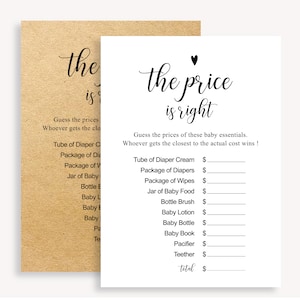 Jogo minimalista para chá de bebê Price is Right, jogo para imprimir Price is Right, jogo para imprimir de caligrafia para bebês, jogo fofo para bebês, faça você mesmo, 10 FM