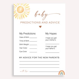 Sunshine minimalistisch babyshowerspel, boho babykleertjesdouche, gender Reveal babyshower gamekaart kaart voorspellingen en advies baby, 60 FA