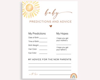 Sunshine Minimalist Baby Shower Game, Boho Baby Clothes Shower, Gender Reveal Baby Shower Game Card Baby Predictions And Advice Card, 60 FA